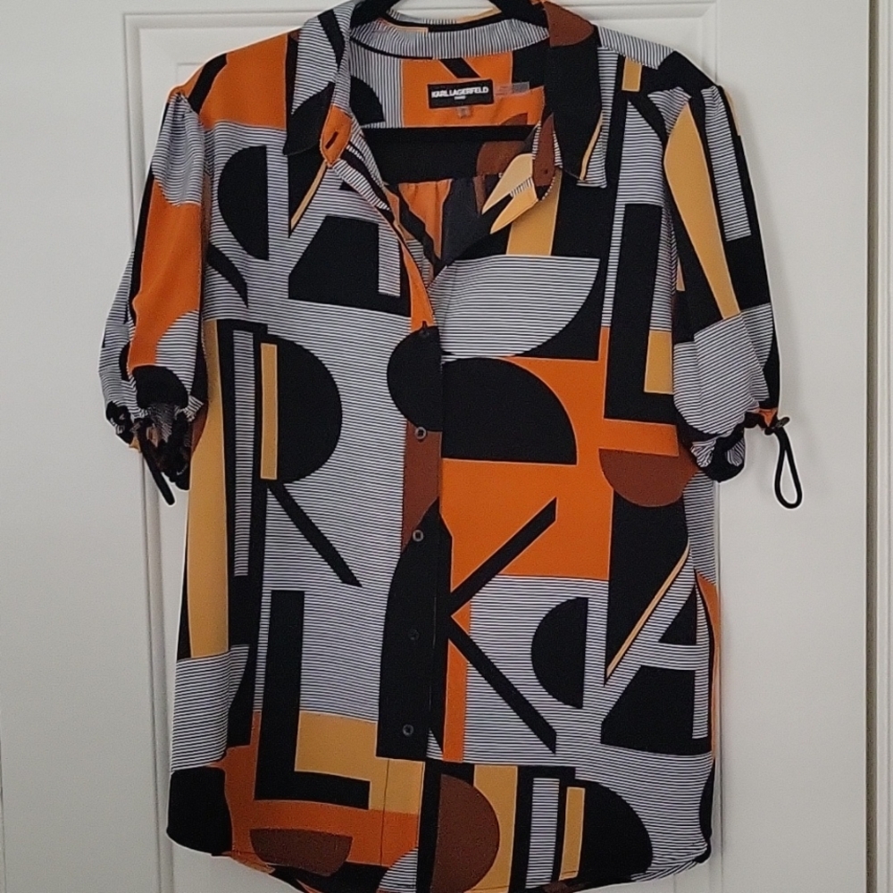 Karl Lagerfeld KARL Abstract Print  Button Down Shirt - Orange, Black, and White